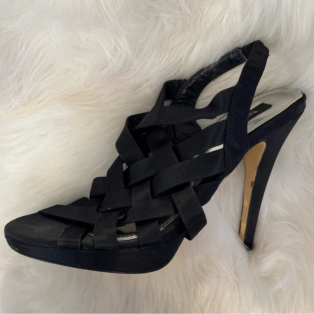 WHBM "CARSYN" Black Satin Fabric Strappy 4.5" Heels Pump Gladiator Sandal 8